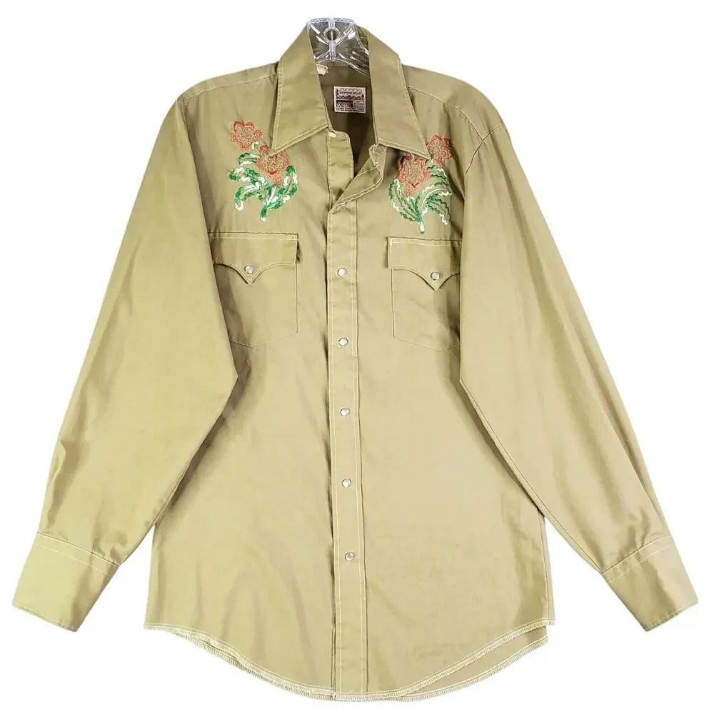 VTG 70s Pearl Snap Western Shirt Mens L Rockabilly Floral Cowboy Montgomery Ward - Picture 2 of 10